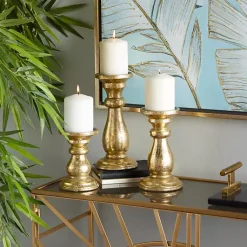 Candle Holders>Kirklands Home Distressed Wood Candle Holders, Set of 3 Gold