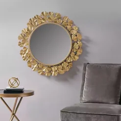 Kirklands Home Gold Foil Leaf Framed Round Wall Mirror New