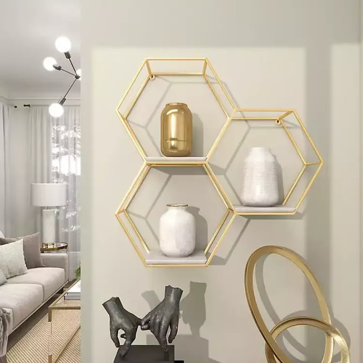 Kirklands Home Frame Marble Honeycomb Wall Shelf Gold Clearance