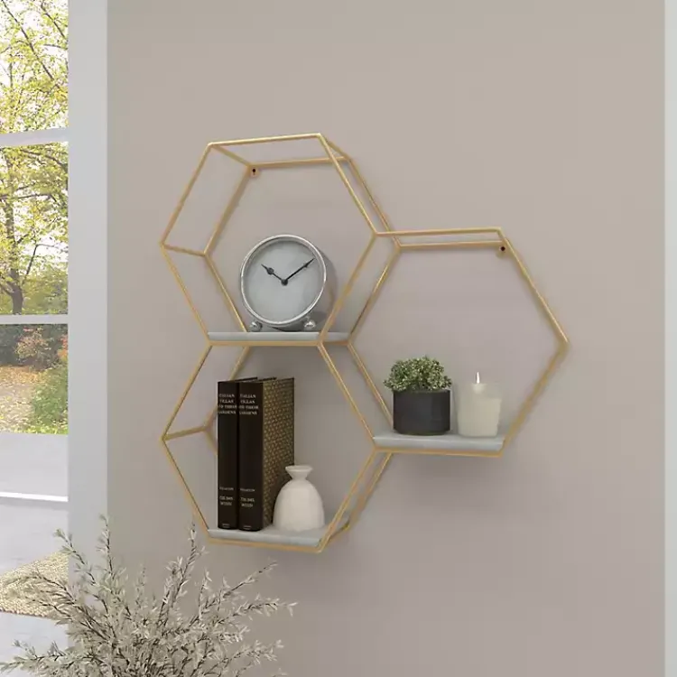 Kirklands Home Frame Marble Honeycomb Wall Shelf Gold Clearance