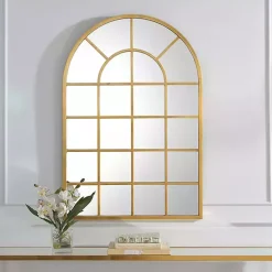 Kirklands Home Gold Leaf Metal Windowpane Arch Frame Mirror