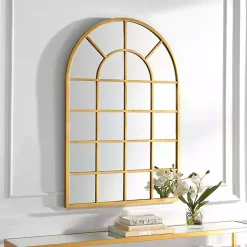 Kirklands Home Gold Leaf Metal Windowpane Arch Frame Mirror