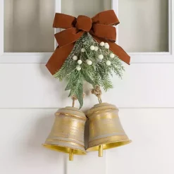 Christmas Decorations>Kirklands Home Gold Metal Bells with Brown Ribbon