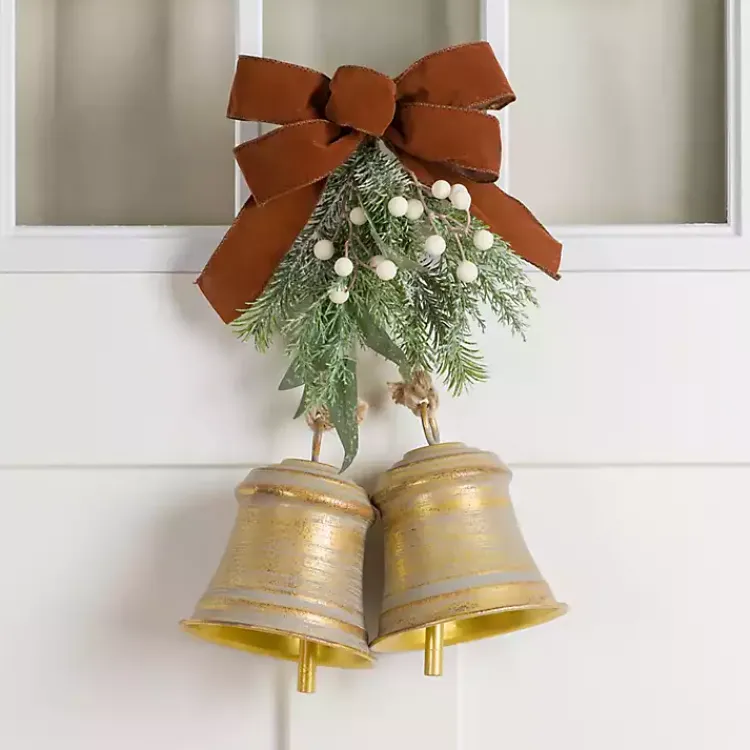Christmas Decorations>Kirklands Home Gold Metal Bells with Brown Ribbon