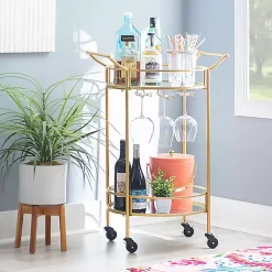 Kirklands Home Gold Metal Frame Bar Cart with Mirrored Shelves