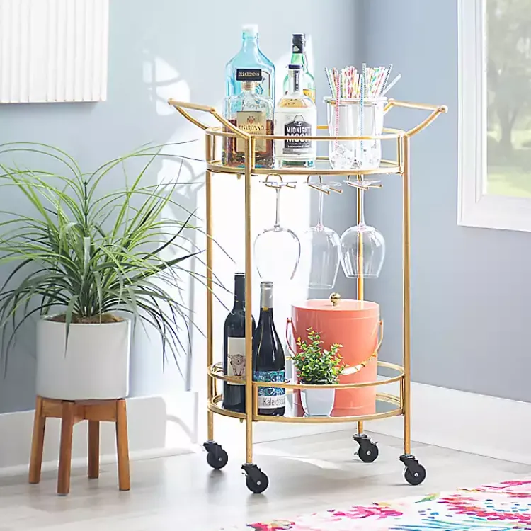 Kirklands Home Gold Metal Frame Bar Cart with Mirrored Shelves