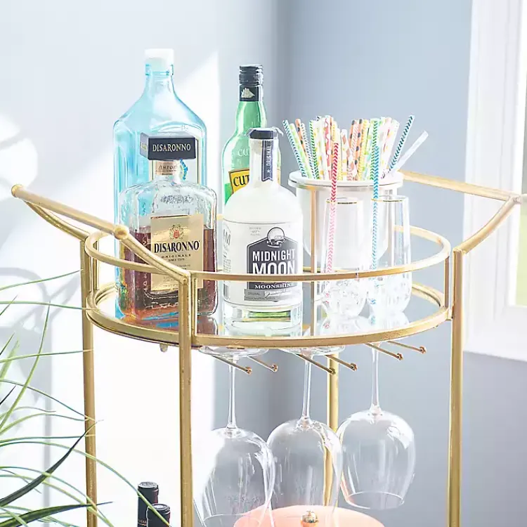 Kirklands Home Gold Metal Frame Bar Cart with Mirrored Shelves