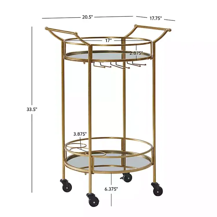 Kirklands Home Gold Metal Frame Bar Cart with Mirrored Shelves