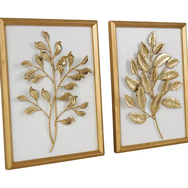Kirklands Home Gold Metal Leaves Framed Wall Plaques, Set of 2 Hot