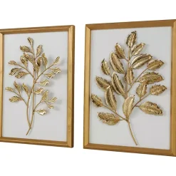 Kirklands Home Gold Metal Leaves Framed Wall Plaques, Set of 2 Hot