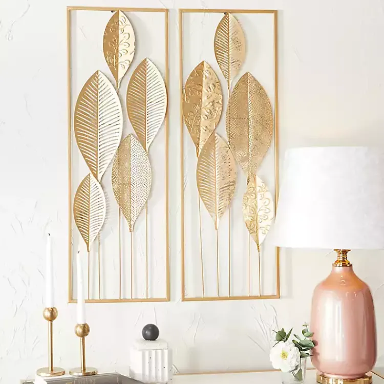 Kirklands Home Metal Leaves Wall Plaques, Set of 2 Gold
