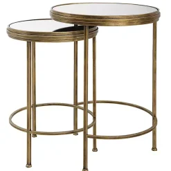 Kirklands Home Metal Mirror Top 2-pc. Nesting Side Table Set Gold New