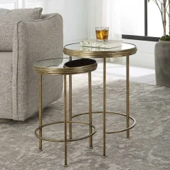 Kirklands Home Metal Mirror Top 2-pc. Nesting Side Table Set Gold New