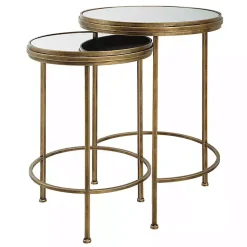 Kirklands Home Metal Mirror Top 2-pc. Nesting Side Table Set Gold New