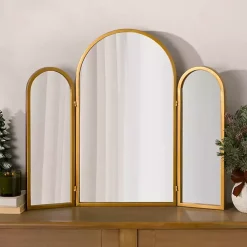 Kirklands Home Rounded Edge Trifold Wall Mirror Gold New