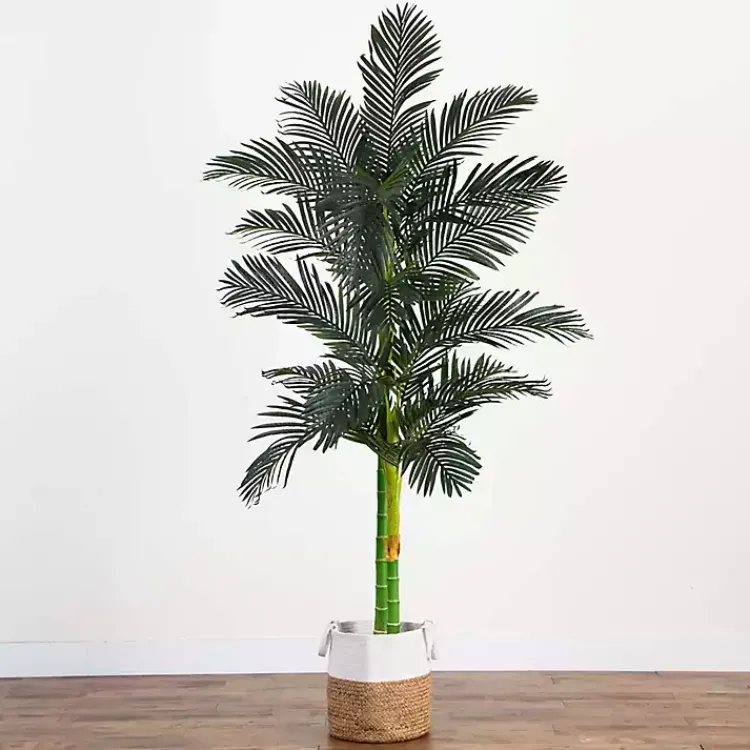 Trees & Topiaries>Kirklands Home Golden Cane Palm Tree in Woven Planter, 8 ft.