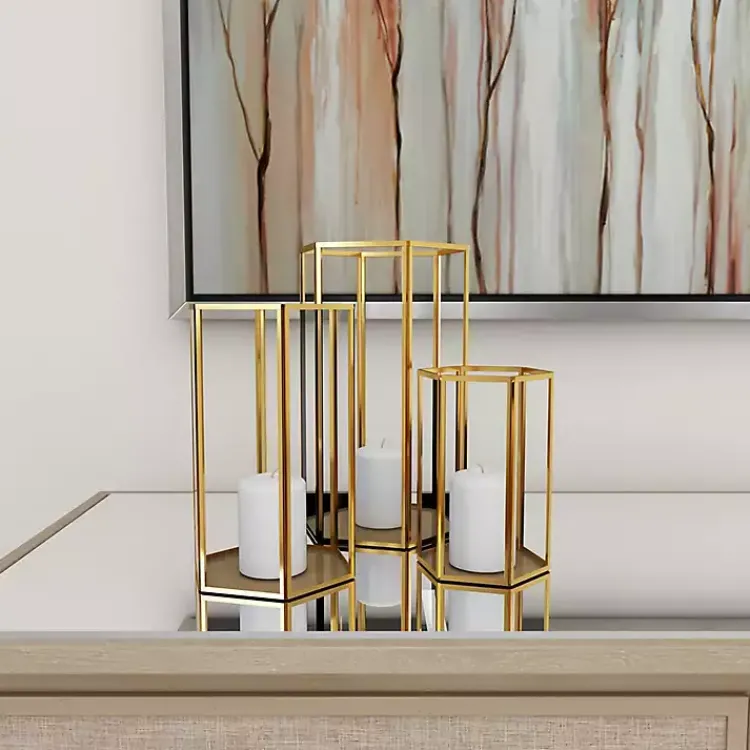 Lanterns>Kirklands Home en Geometric 3-pc. Decorative Lantern Set Gold