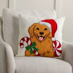 Pillows>Kirklands Home Golden Retriever with Santa Hat Christmas Pillow