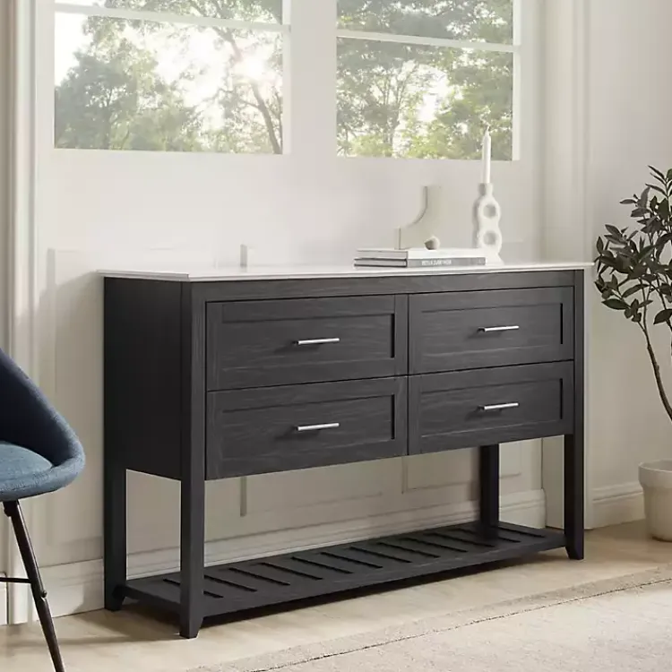 Kirklands Home Graphite Wood Storage Buffet with Faux Marble Top Outlet