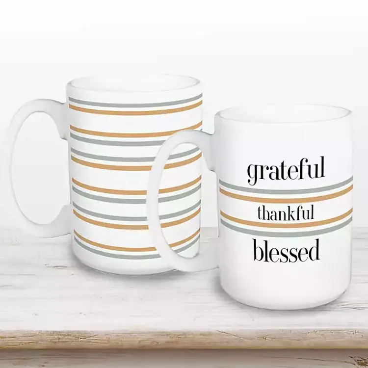Fall>Kirklands Home Grateful, Thankful, Blessed Striped Mugs, Set of 2