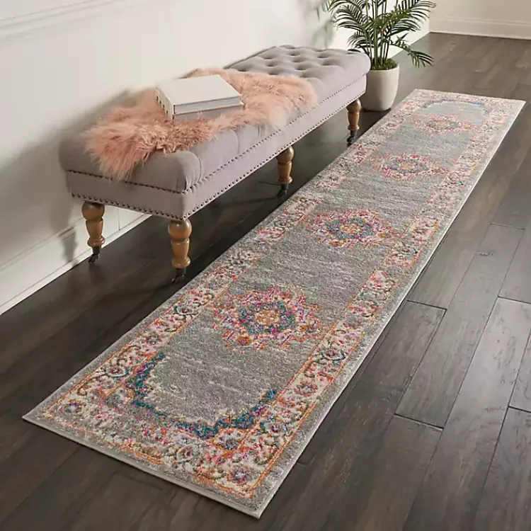 Kirklands Home Gray & Pink Central Motif Botanical Runner Outlet
