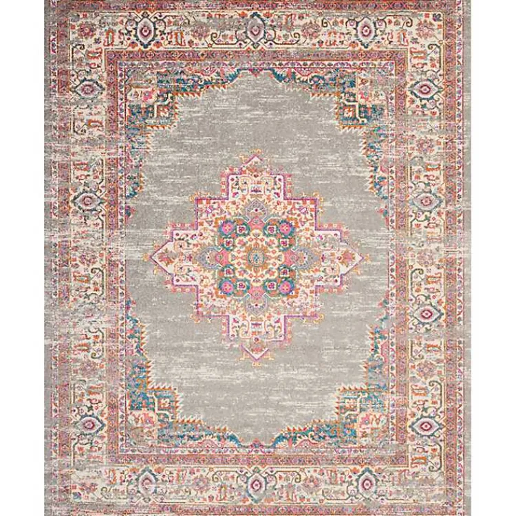 Kirklands Home Gray & Pink Central Motif Botanical Area Rug, 8x10 New