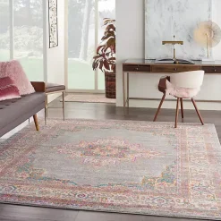 Kirklands Home Gray & Pink Central Motif Botanical Area Rug, 8x10 New