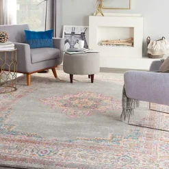 Kirklands Home Gray & Pink Central Motif Botanical Area Rug, 9x12