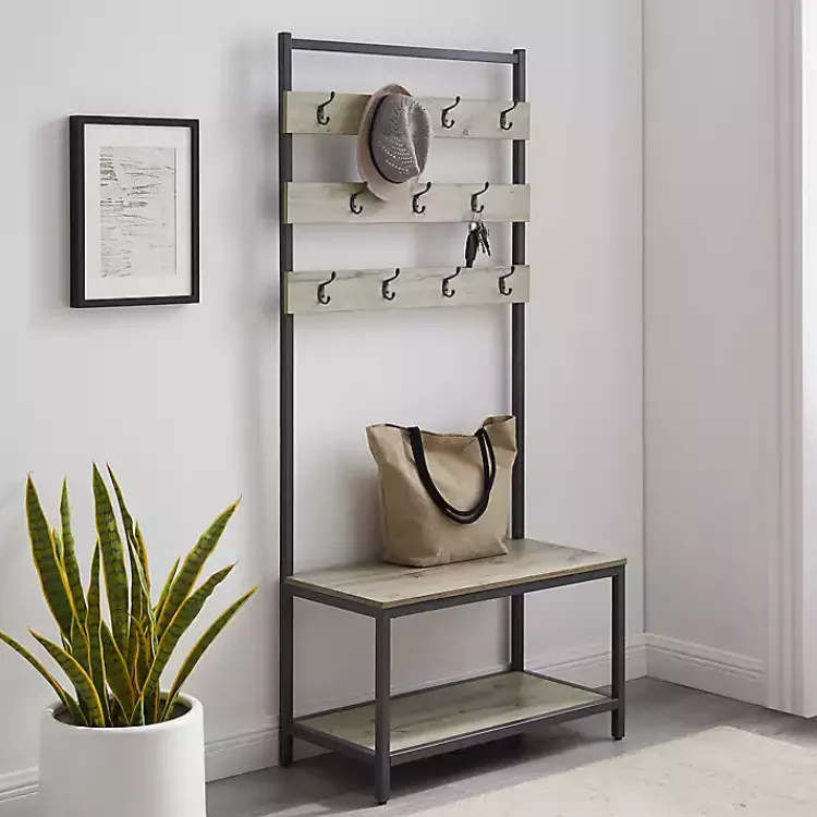 Kirklands Home and Black Wood Bench Hall Tree Gray Clearance