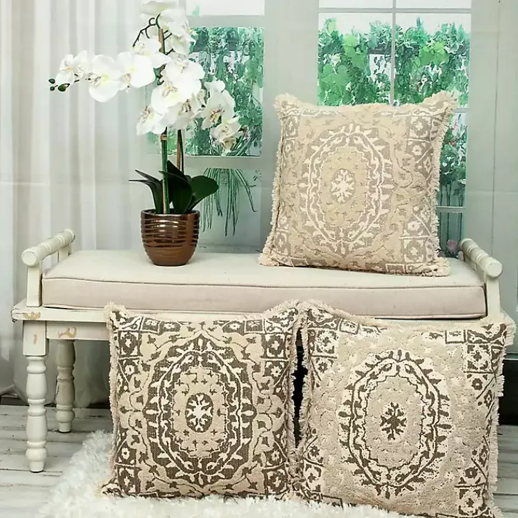 Pillows>Kirklands Home Gray and Tan Medallion Fringe Pillow