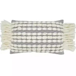 Pillows>Kirklands Home Gray and White Chunky Fringe Lumbar Pillow