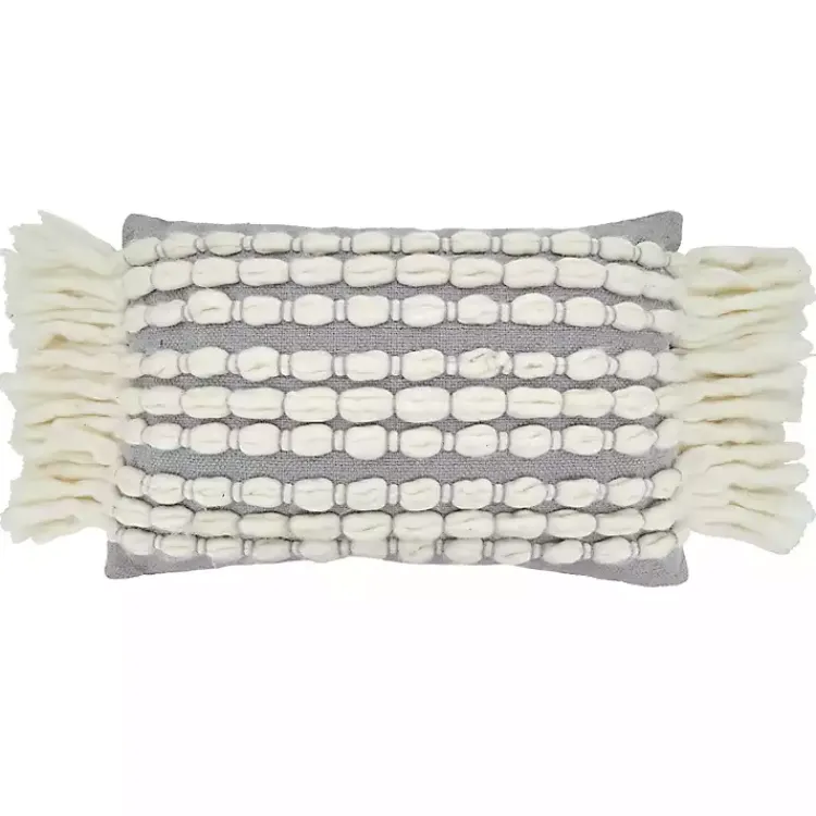 Pillows>Kirklands Home Gray and White Chunky Fringe Lumbar Pillow