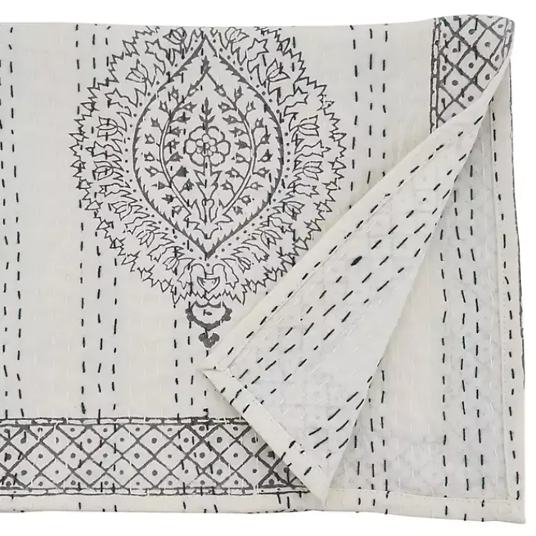 Kirklands Home Gray and White Kantha Stitch Table Runner