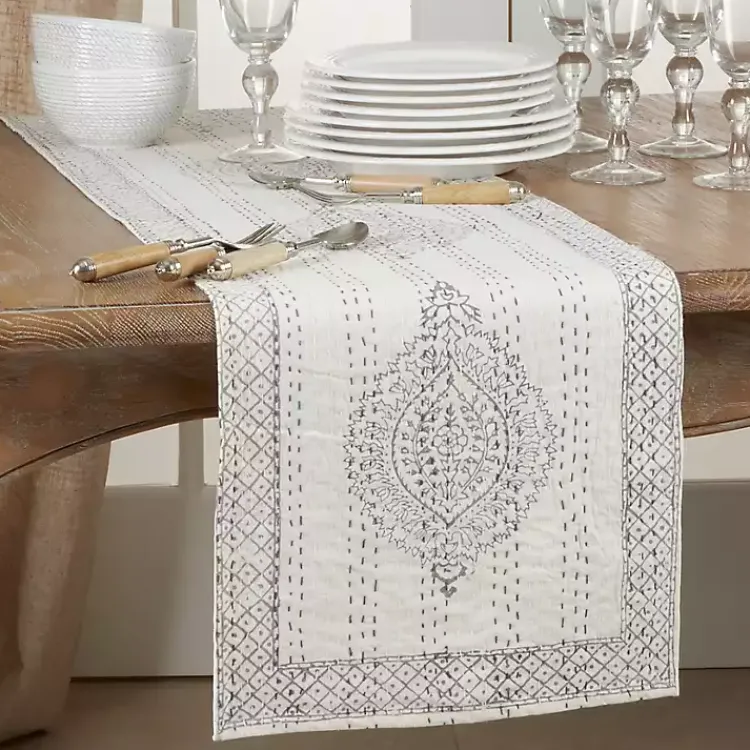 Kirklands Home Gray and White Kantha Stitch Table Runner