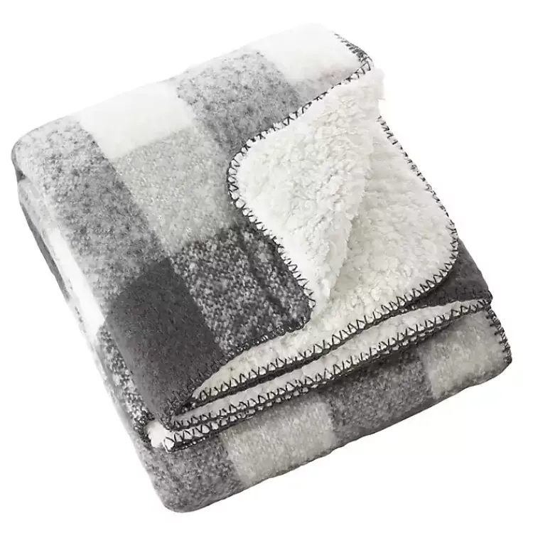 Blankets & Throws>Kirklands Home Gray and White Plaid Faux Mohair Sherpa Throw