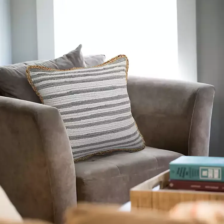 Pillows>Kirklands Home Gray and White Stripped Jute Border Accent Pillow
