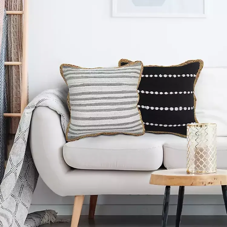 Pillows>Kirklands Home Gray and White Stripped Jute Border Accent Pillow