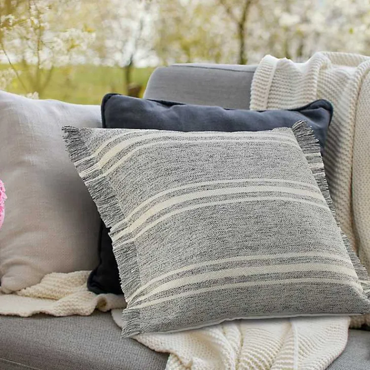 Kirklands Home Gray and White Triple Stripe Outdoor Pillow New