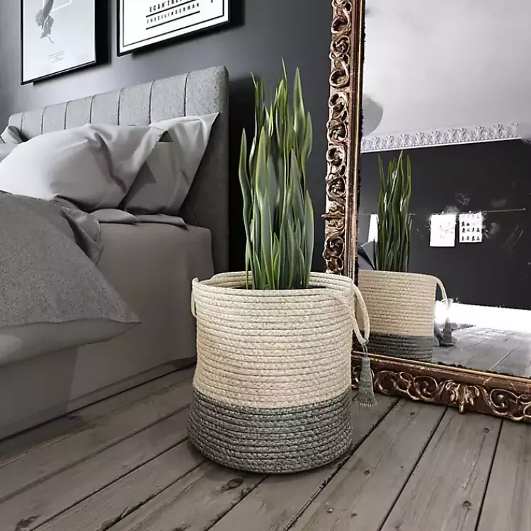 Baskets & Boxes>Kirklands Home Gray and White Woven Basket with Tassel, 17 in.