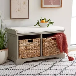 Kirklands Home Bench with Woven Storage Baskets Gray Hot