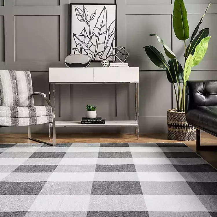 Kirklands Home Gray Buffalo Plaid Washable Area Rug, 5x8 New