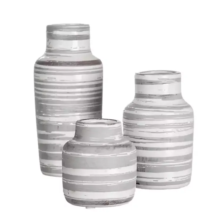 Vases>Kirklands Home Gray Ceramic Striped Bottle Shaped Vases, Set of 3