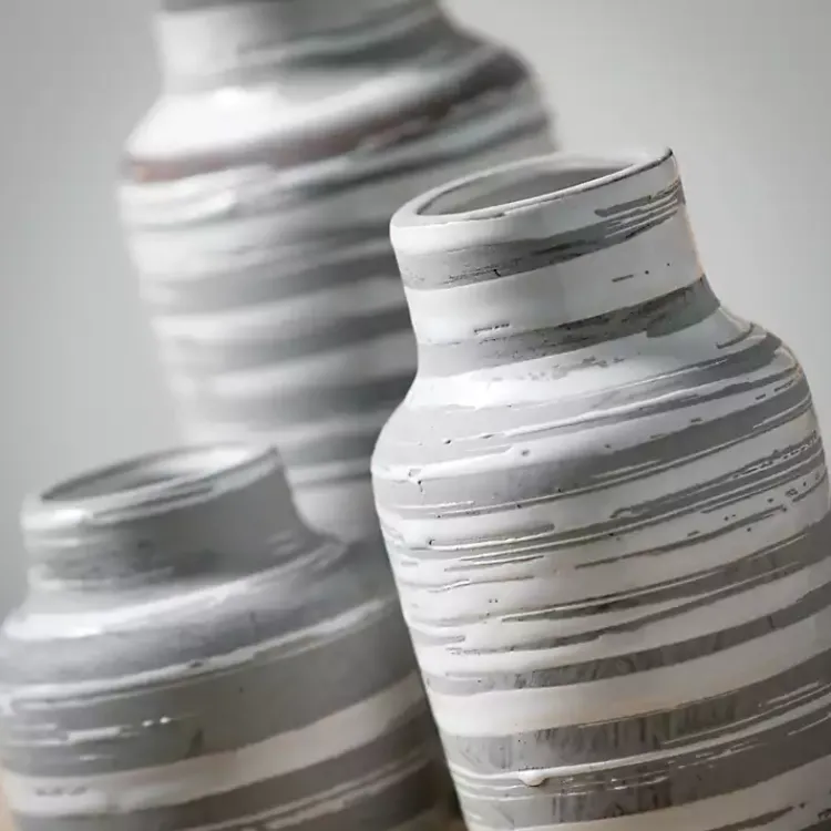 Vases>Kirklands Home Gray Ceramic Striped Bottle Shaped Vases, Set of 3