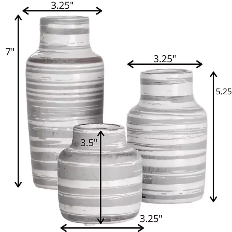 Vases>Kirklands Home Gray Ceramic Striped Bottle Shaped Vases, Set of 3