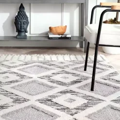 Kirklands Home Gray Checkered Tiles Area Rug with Tassels, 5x7 Outlet