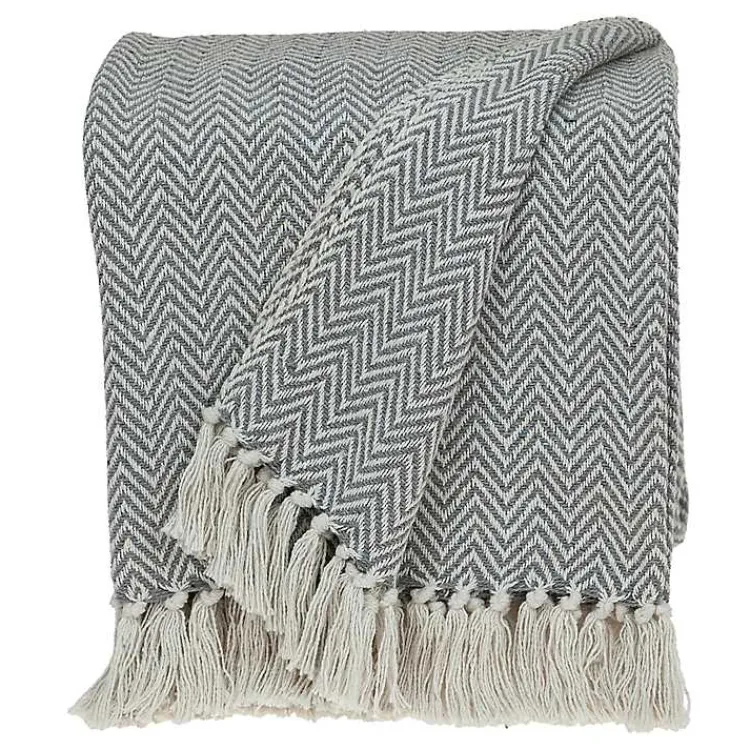 Blankets & Throws>Kirklands Home Gray Chevron Cotton Handloomed Tassel Throw