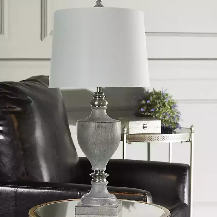 Kirklands Home Gray Faux Wood and Silver Table Lamp White Discount