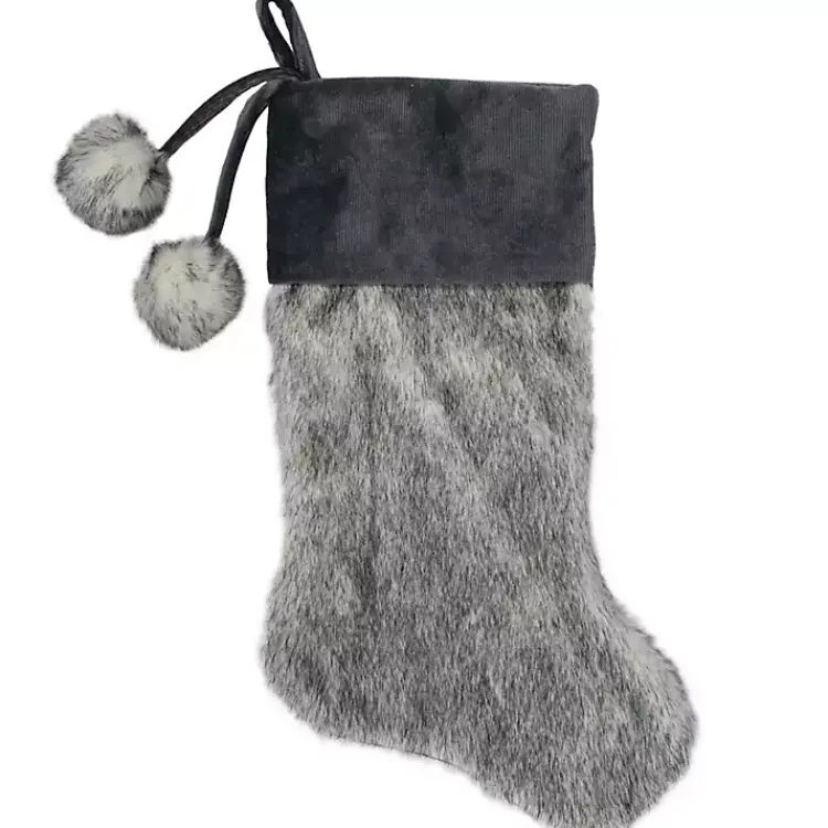 Christmas Stockings & Stocking Holders>Kirklands Home Fur and Corduroy Pom Stocking Gray