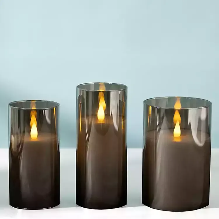 Flameless Candles>Kirklands Home LED Soft Flame Glass Pillar Candle, 3x7 in. Gray