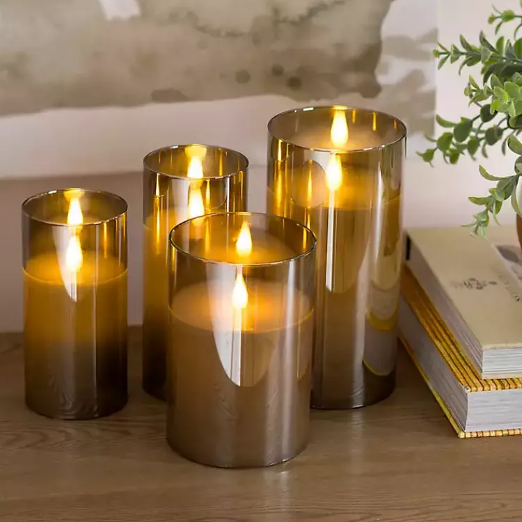 Flameless Candles>Kirklands Home LED Soft Flame Glass Pillar Candle, 4x8 in. Gray